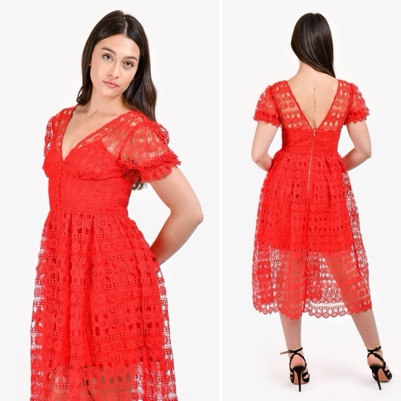 Self-Portrait Red Lace Midi Dress - Picture 4 of 11